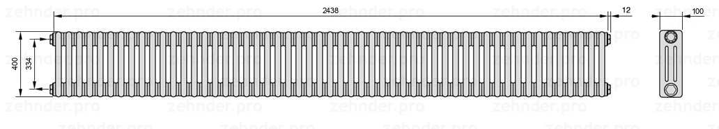 Схема (чертеж) Радиатор Zehnder Charleston 3040/53 №1270 Белый глянцевый RAL 9016